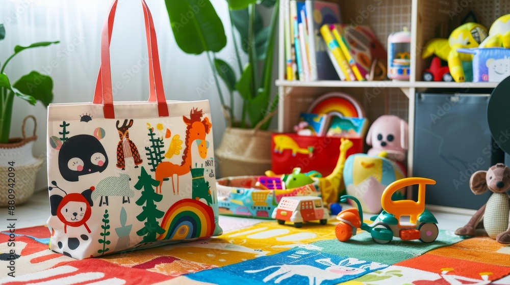 Fototapeta premium Colorful Kids' Shopping Bag with Animal Design Amidst Toys and Books on Vibrant Rug