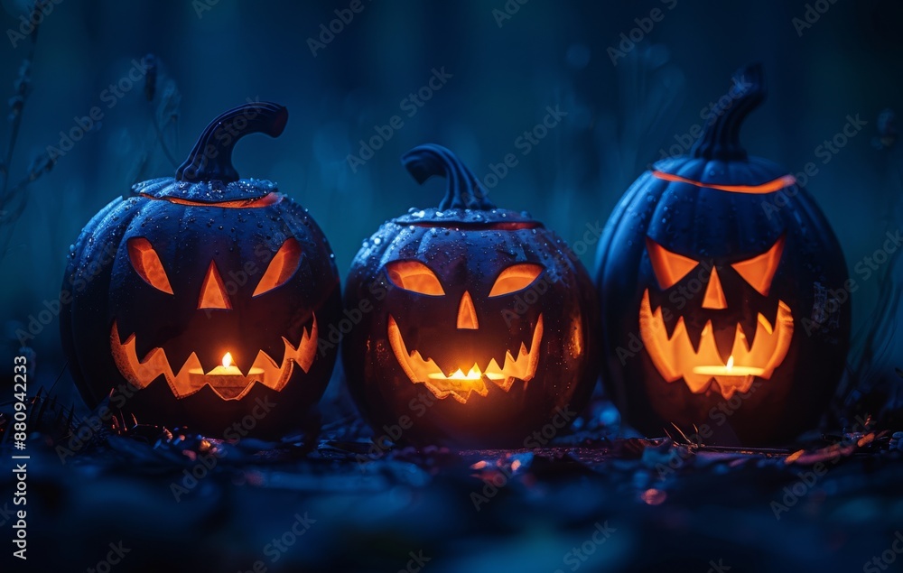 Halloween pumpkins on a dark background, copy space, place for text Halloween pumpkins on a dark background, copy space, place for text
