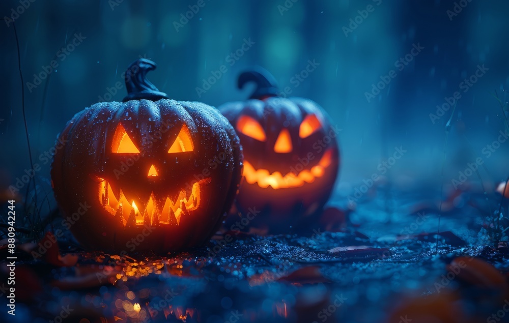 Halloween pumpkins on a dark background, copy space, place for text Halloween pumpkins on a dark background, copy space, place for text