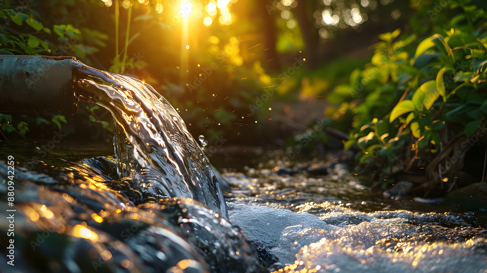 Sunset view of water flowing from large pipes into a forest river, indicating industrial discharge. Sunset view of water flowing from large pipes into a forest river, indicating industrial discharge.