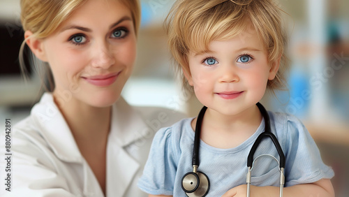 A cheerful child stands beside a caring doctor. For pediatric healthcare, child wellness, and a positive doctor-patient bond in medical environments.