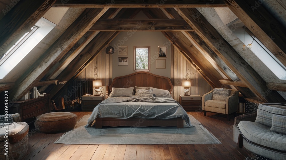 Naklejka premium A chic loft attic bedroom concept, featuring exposed wooden beams, stylish furniture