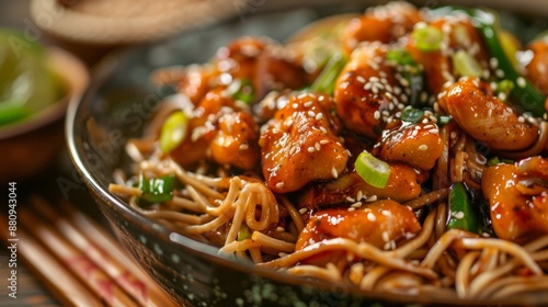 The national cuisine of Japan. Fried chicken with green peppers, green onions and soba noodles in chili sauce. photo