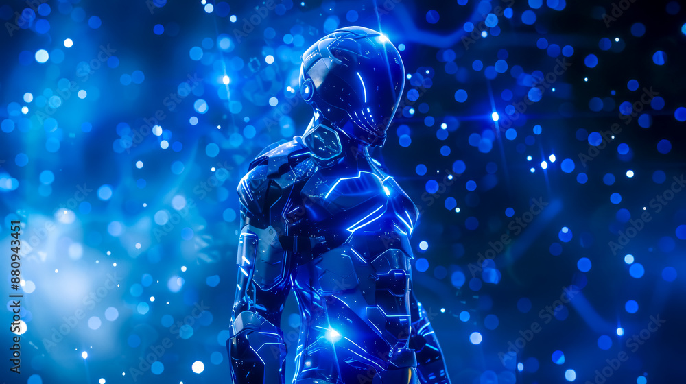 Futuristic astronaut standing in a blue glowing lights environment Futuristic astronaut standing in a blue glowing lights environment