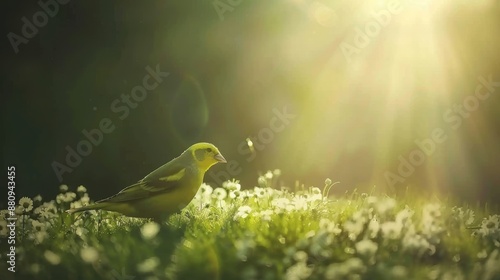 Golden Canary singing joyfully in vibrant spring meadow portrait photo