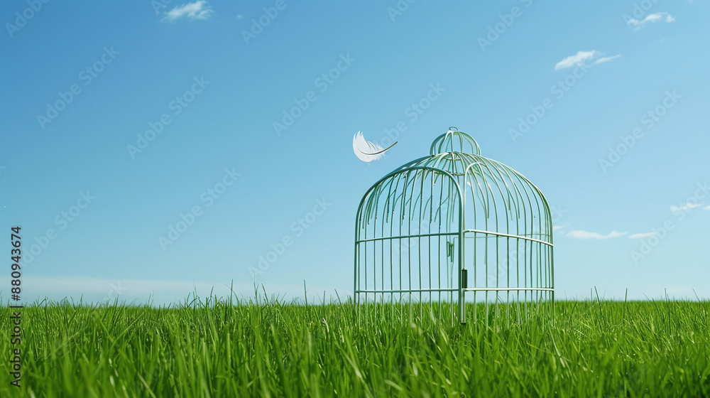 An open birdcage resting in a green meadow under a clear blue sky with a single white feather, a bird has just flown away. Concept of freedom An open birdcage resting in a green meadow under a clear blue sky with a single white feather, a bird has just flown away. Concept of freedom