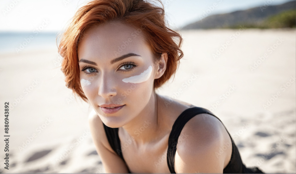 Beauty portrait. Moisturizing cream on the face of a young woman. Skin care.