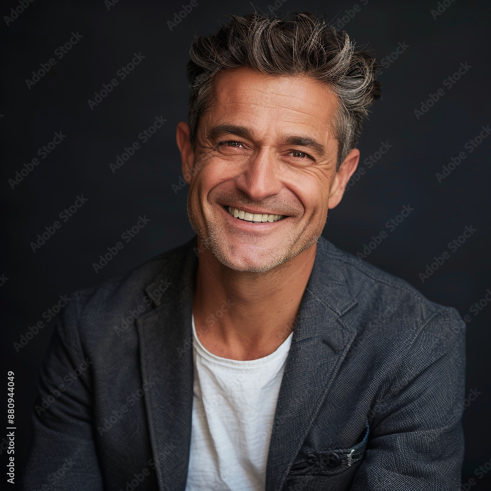 Close-up professional studio portrait headshot of a mature, attractive man in his late 40s smiling into the camera, styled with salt and pepper grey streaks in his thick brown hair and wearing a suit Close-up professional studio portrait headshot of a mature, attractive man in his late 40s smiling into the camera, styled with salt and pepper grey streaks in his thick brown hair and wearing a suit