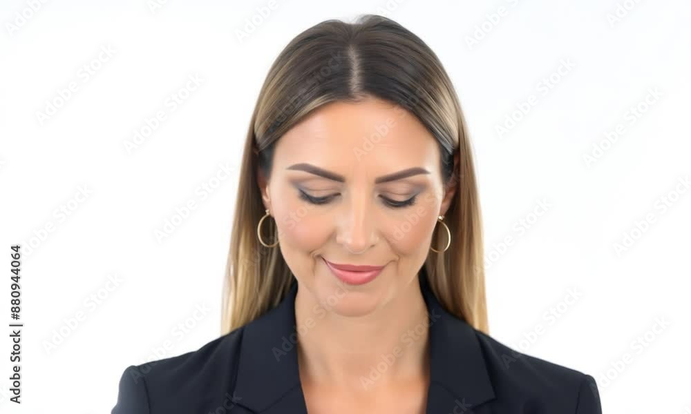 Confident, happy businesswoman in stylish black blazer exudes professionalism and success, showcasing leadership qualities with bright smile and elegant appearance Confident, happy businesswoman in stylish black blazer exudes professionalism and success, showcasing leadership qualities with bright smile and elegant appearance