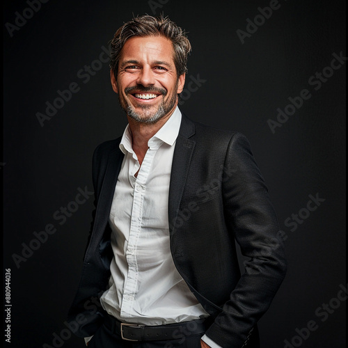 Portrait of a confident, attractive man in his 40s with greying hair, wearing a suit and smiling with his hands in his pockets taken in a studio behind a plain black background