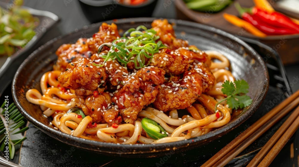 The national cuisine of Japan. Fried chicken and udon noodles with chili, coriander and ginger. The national cuisine of Japan. Fried chicken and udon noodles with chili, coriander and ginger.