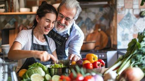 Mulher bonita e alegre, filha e pai mais velho e maduro curtindo o hobby de cozinhar na cozinha, abraçando o filho adulto, conversando, rindo, cortando vegetais orgânicos frescos para salada © vitor