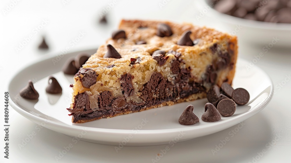 A giant slice of chocolate chip cookie cake with a generous amount of chocolate chips, served on a white plate. A giant slice of chocolate chip cookie cake with a generous amount of chocolate chips, served on a white plate.