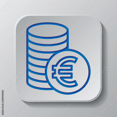 Euro coins simple icon vector. Flat design. Paper cut design. Cutted blue symbol with shadow. Gray badge button, gray background