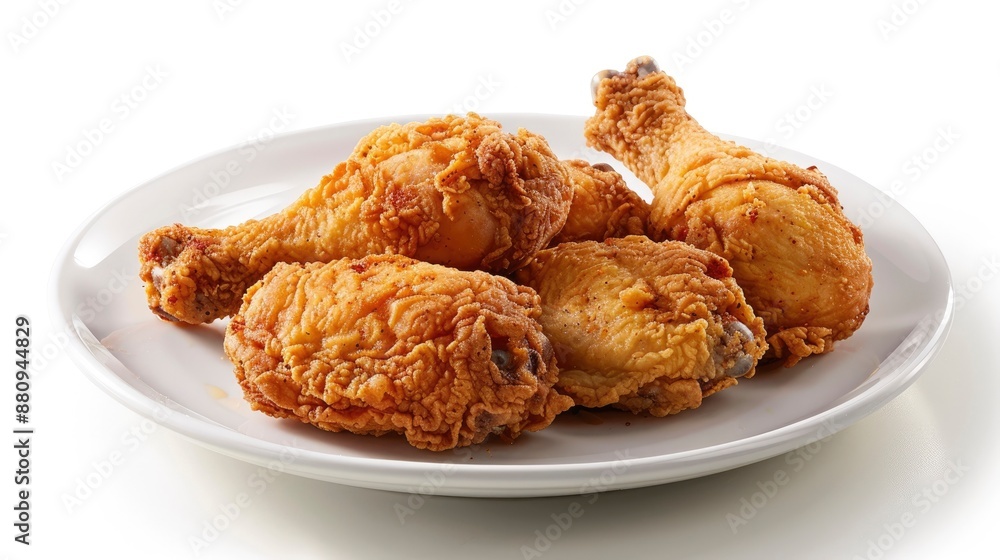 A serving of crispy fried chicken drumsticks with a golden, crunchy coating, arranged on a white plate. A serving of crispy fried chicken drumsticks with a golden, crunchy coating, arranged on a white plate.