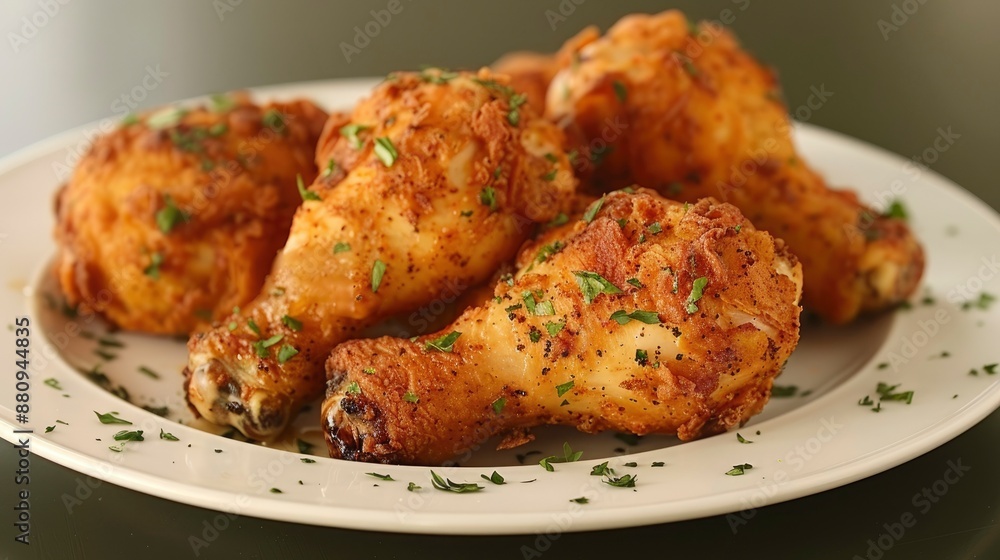 A serving of crispy fried chicken drumsticks with a golden, crunchy coating, arranged on a white plate. A serving of crispy fried chicken drumsticks with a golden, crunchy coating, arranged on a white plate.