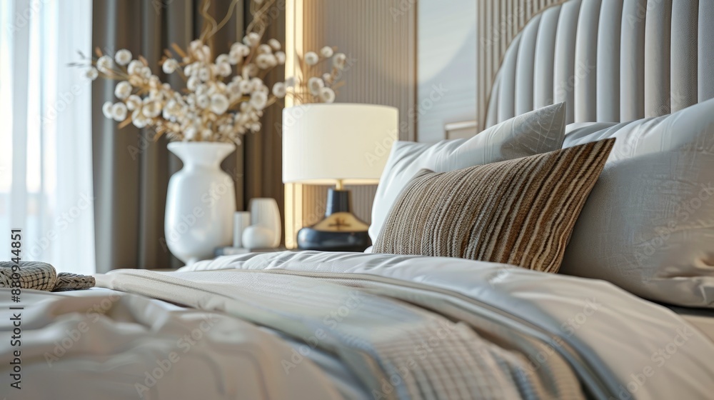A close-up scene capturing the details of a modern bedroom, featuring stylish decor, soft lighting