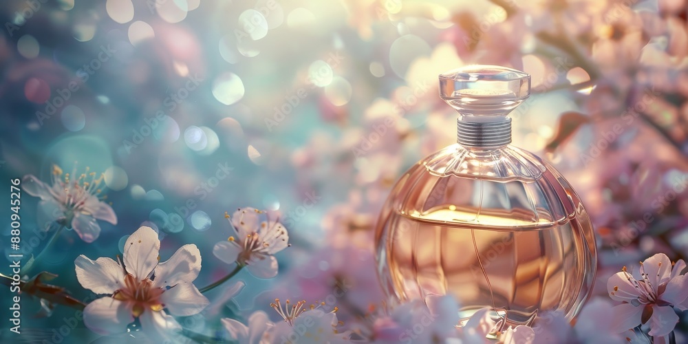 Elegant perfume bottle with a floral background, using soft focus and lighting to highlight the product’s luxurious and fragrant qualities Elegant perfume bottle with a floral background, using soft focus and lighting to highlight the product’s luxurious and fragrant qualities