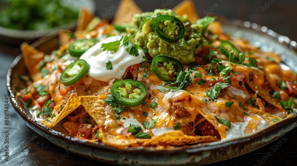 A plate of cheesy nachos with jalape�os, sour cream, and guacamole, garnished with fresh cilantro. A plate of cheesy nachos with jalape�os, sour cream, and guacamole, garnished with fresh cilantro.