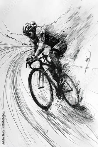 A black and white sketch of a cyclist racing down the road