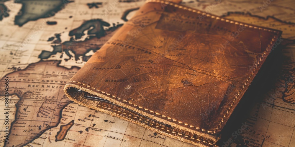 Obraz premium Handcrafted leather wallet on a vintage map, blending style and functionality, captured with a keen eye for texture and material quality