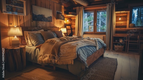 A cozy bedroom in a rustic vacation home, featuring wooden decor, plush bedding © AIArtistry