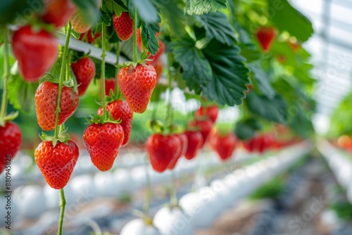 Ripe Strawberries Hanging From a Vine in a Greenhouse