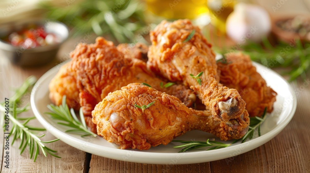 A serving of crispy fried chicken drumsticks with a golden, crunchy coating, arranged on a white plate. A serving of crispy fried chicken drumsticks with a golden, crunchy coating, arranged on a white plate.