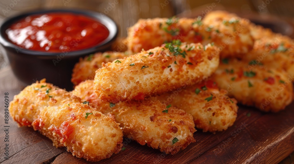 A plate of crispy fried mozzarella sticks with a side of marinara sauce for dipping, arranged on a wooden board. A plate of crispy fried mozzarella sticks with a side of marinara sauce for dipping, arranged on a wooden board.
