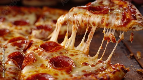 A close-up of a greasy, cheesy pepperoni pizza slice being pulled away, with strings of melted cheese.