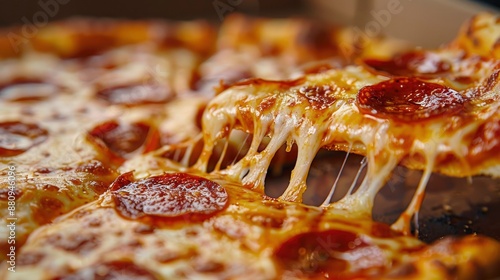 A close-up of a greasy, cheesy pepperoni pizza slice being pulled away, with strings of melted cheese.