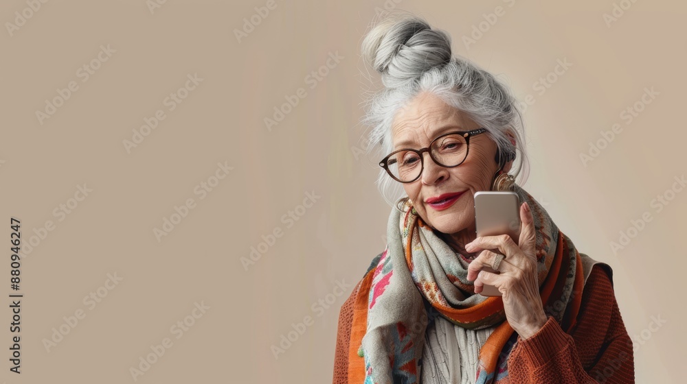 Sophisticated Older Woman with Silver Hair and Scarf Engaging in Lively Smartphone Conversation Sophisticated Older Woman with Silver Hair and Scarf Engaging in Lively Smartphone Conversation