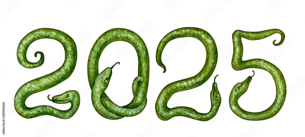 Number 2025 in the form of a green snakes as a symbol of Happy Chinese New Year 2025 according to the zodiac sign of the year of the Snake. Watercolor illustration for templates of congratulation Number 2025 in the form of a green snakes as a symbol of Happy Chinese New Year 2025 according to the zodiac sign of the year of the Snake. Watercolor illustration for templates of congratulation