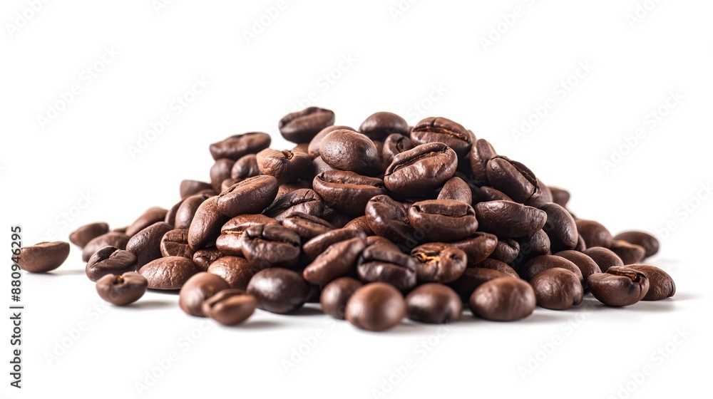 close up side view on roasted coffee beans pile heap on white background
