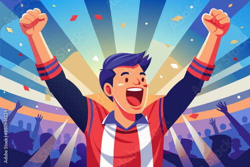 Soccer player celebrates victory with his hands in the air.