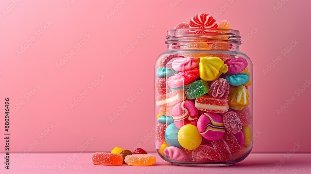 A variety of colorful candy in a glass jar, with various shapes and sizes, set against a pastel-colored background. A variety of colorful candy in a glass jar, with various shapes and sizes, set against a pastel-colored background.