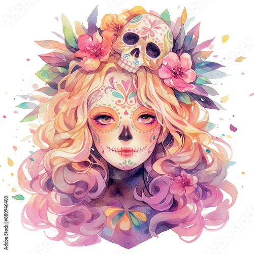 A woman with a flower headdress and a skull on her head. The skull is pink and the flowers are pink and white