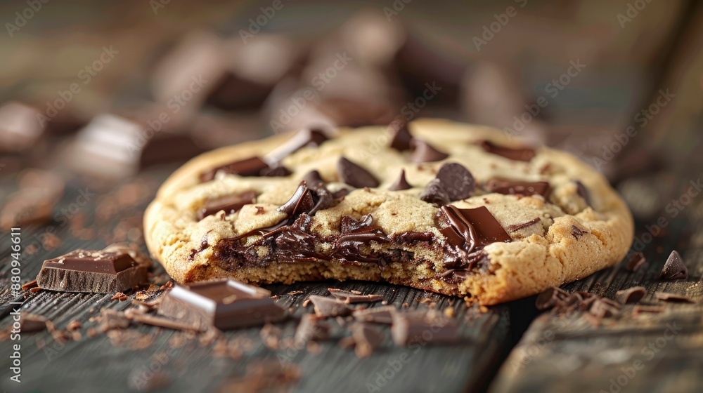 A close-up of a freshly baked chocolate chip cookie with melted chocolate chunks, placed on a rustic wooden table. A close-up of a freshly baked chocolate chip cookie with melted chocolate chunks, placed on a rustic wooden table.