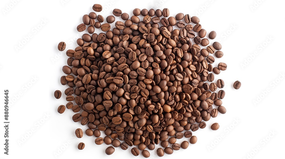 close up top view on roasted coffee beans pile heap on white background close up top view on roasted coffee beans pile heap on white background