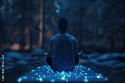 A supernatural scene features enchanted yoga mats that project serene holographic landscapes