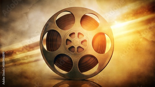 A golden film reel with a sun shining on it