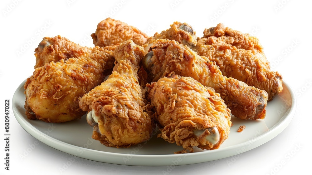 A serving of crispy fried chicken drumsticks with a golden, crunchy coating, arranged on a white plate. A serving of crispy fried chicken drumsticks with a golden, crunchy coating, arranged on a white plate.