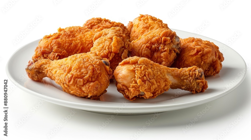 A serving of crispy fried chicken drumsticks with a golden, crunchy coating, arranged on a white plate. A serving of crispy fried chicken drumsticks with a golden, crunchy coating, arranged on a white plate.