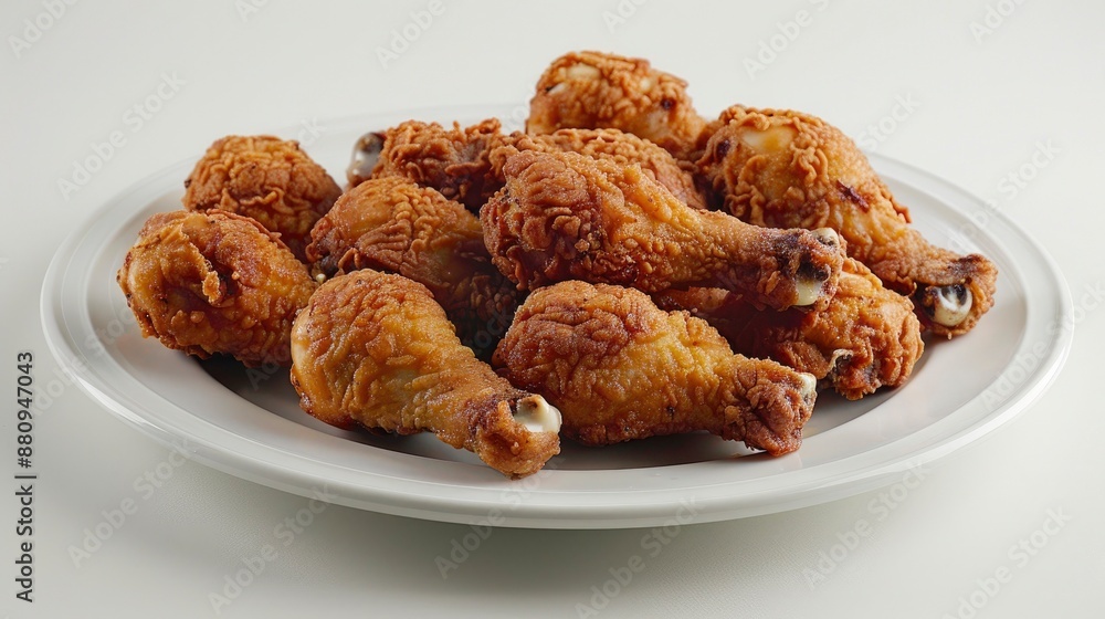 A serving of crispy fried chicken drumsticks with a golden, crunchy coating, arranged on a white plate. A serving of crispy fried chicken drumsticks with a golden, crunchy coating, arranged on a white plate.