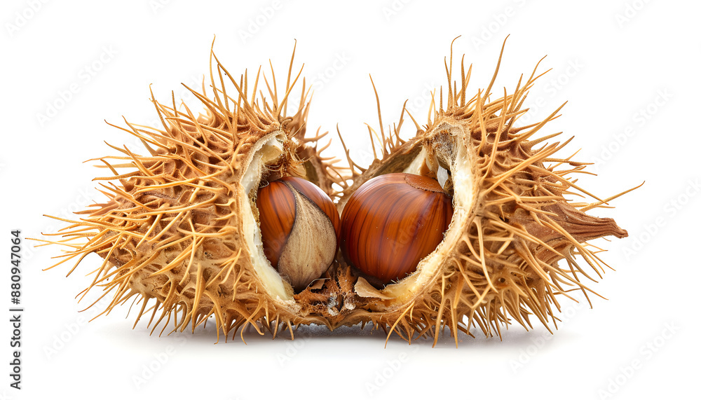 opened sweet chestnut in its spiky husk isolated on white opened sweet chestnut in its spiky husk isolated on white