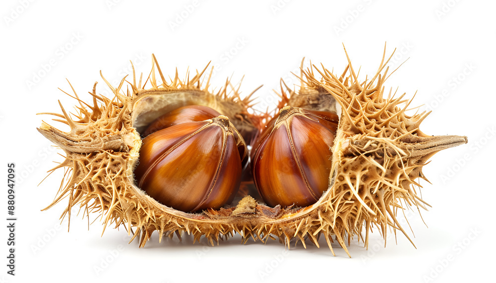 opened sweet chestnut in its spiky husk isolated on white opened sweet chestnut in its spiky husk isolated on white