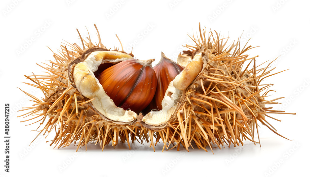 opened sweet chestnut in its spiky husk isolated on white opened sweet chestnut in its spiky husk isolated on white