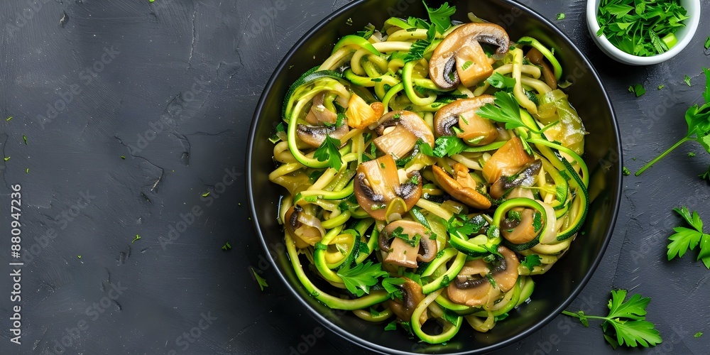 Quick and Healthy Zucchini Noodles with Mushrooms and Herbs - A Perfect Meal. Concept Zucchini Recipes, Healthy Cooking, Quick Meals, Vegetarian Dishes, Herb-infused Cuisine Quick and Healthy Zucchini Noodles with Mushrooms and Herbs - A Perfect Meal. Concept Zucchini Recipes, Healthy Cooking, Quick Meals, Vegetarian Dishes, Herb-infused Cuisine