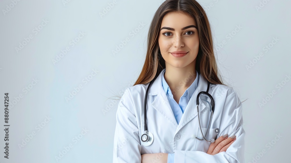 Confident female doctor with stethoscope standing with crossed arms, smiling, and looking at camera. Professional healthcare worker in white coat. Confident female doctor with stethoscope standing with crossed arms, smiling, and looking at camera. Professional healthcare worker in white coat.