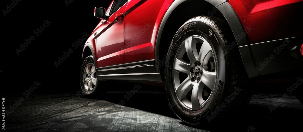 Close up of the wheel and fender on a red SUV, black background, studio lighting, commercial photography Generative AI Close up of the wheel and fender on a red SUV, black background, studio lighting, commercial photography Generative AI